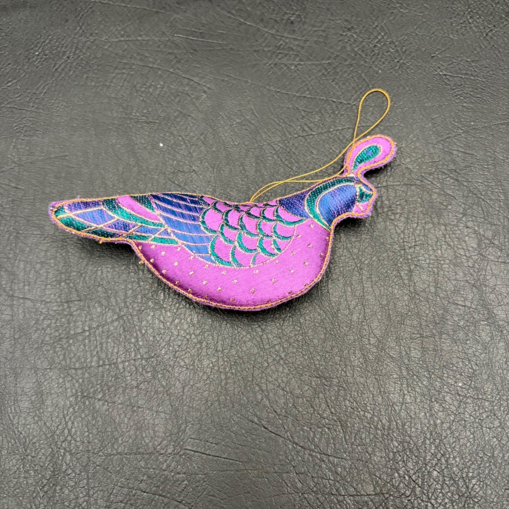 Embroidered Silk Bird Ornament Purple Teal Blue Metallic Gold Boho Holiday Decor